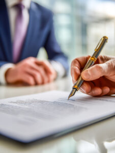 A confident executive reviews and signs a crucial agreement at a sleek office desk, surrounded by modern decor and focused lighting, emphasizing professionalism and decision-m