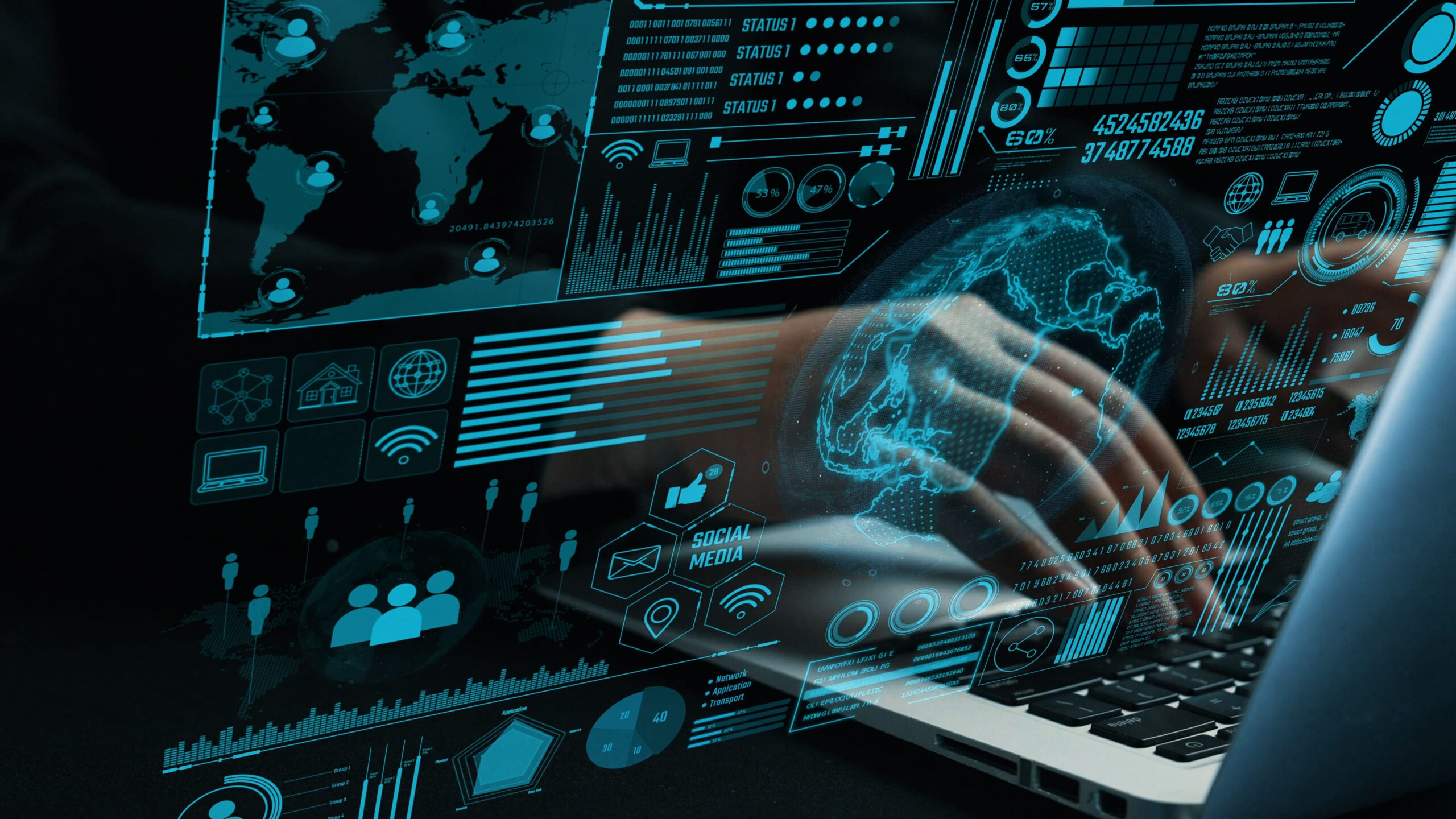 Explore a high-tech communication scene showcasing digital analytics, global networking, and user interaction with a laptop, emphasizing modern data visualization techniques.